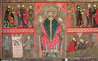 Altartafel, die den heiligen Petrus sitzend mit Krummstab und vier Szenen aus seinem Leben darstellt, 1150-1200